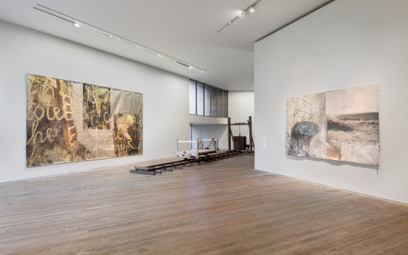 Hughie O'Donoghue, The Letter (left), A Distant Thunder (centre), Ocean Diagram (right), Territory, 2023. Photo by Jed Niezgoda.