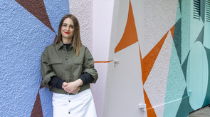 Artist Deidre Breen in front of Bandfield