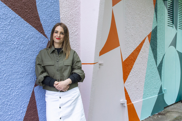 Artist Deidre Breen in front of Bandfield